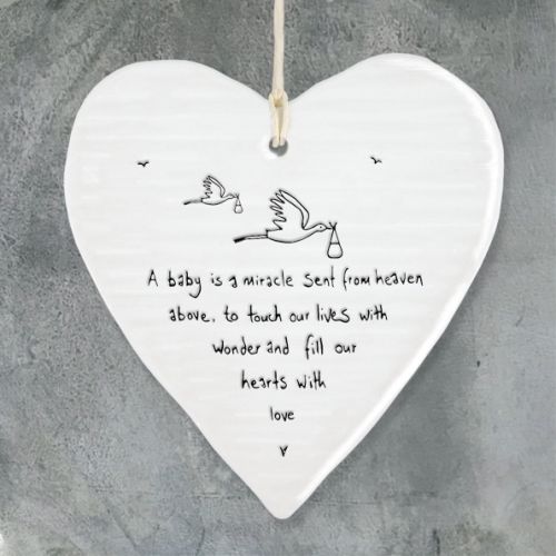 East of India Wobbly Round Porcelain Heart: Baby Miracle