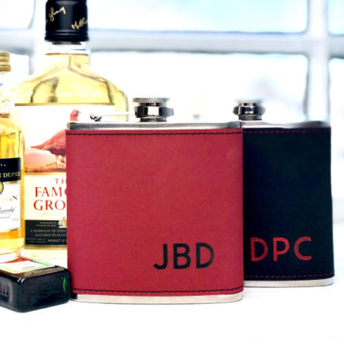 Red And Black Personalised Leather Initial Hip Flask