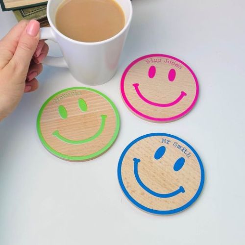 Personalised Happy Face Wooden Coaster